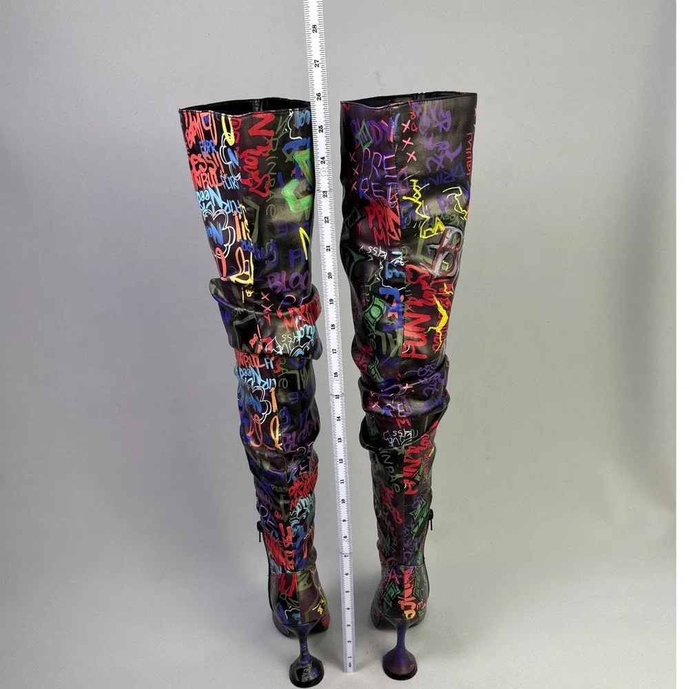 Revive Graf Multicolor Graffiti Print Over The Knee Flared Heel Boots woman  6.5